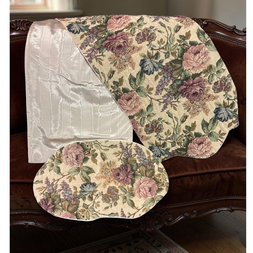 Vintage Floral Tapestry Runner Set Tapestry & Topiaries Cream Rose Multi Cotton